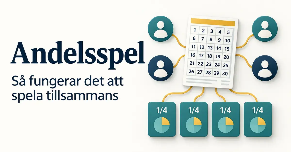 Illustration av andelsspel där fyra deltagare delar på en gemensam spelkupong med en fjärdedel var.