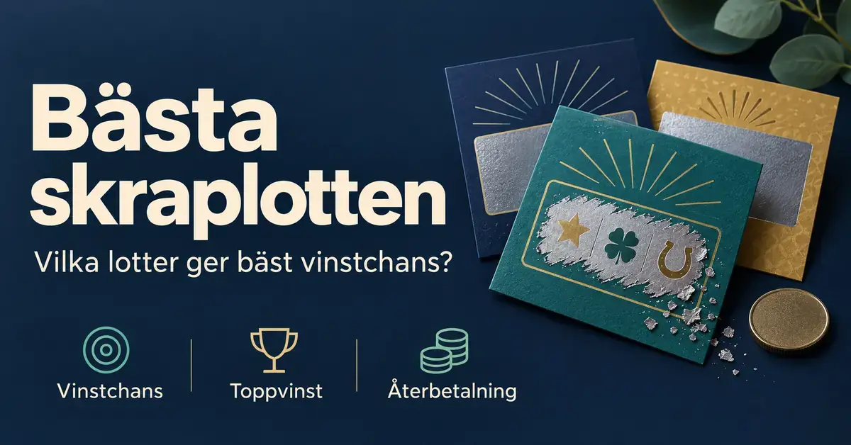 Tre skraplotter och ett mynt bredvid rubriken ”Bästa skraplotten” och symboler för vinstchans, toppvinst och återbetalning.