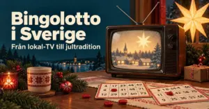 Illustration av en retro-TV, bingobrickor och juldekorationer med texten ”Bingolotto i Sverige – Från lokal-TV till jultradition”.