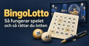 Illustration med en bingolott, en penna och två bingobollar framför en tv samt texten ”BingoLotto – Så fungerar spelet och så rättar du lotten”.