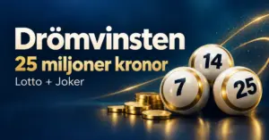 Illustration av lottobollar och guldmynt mot mörkblå bakgrund med texten ”Drömvinsten – 25 miljoner kronor” och ”Lotto + Joker”.