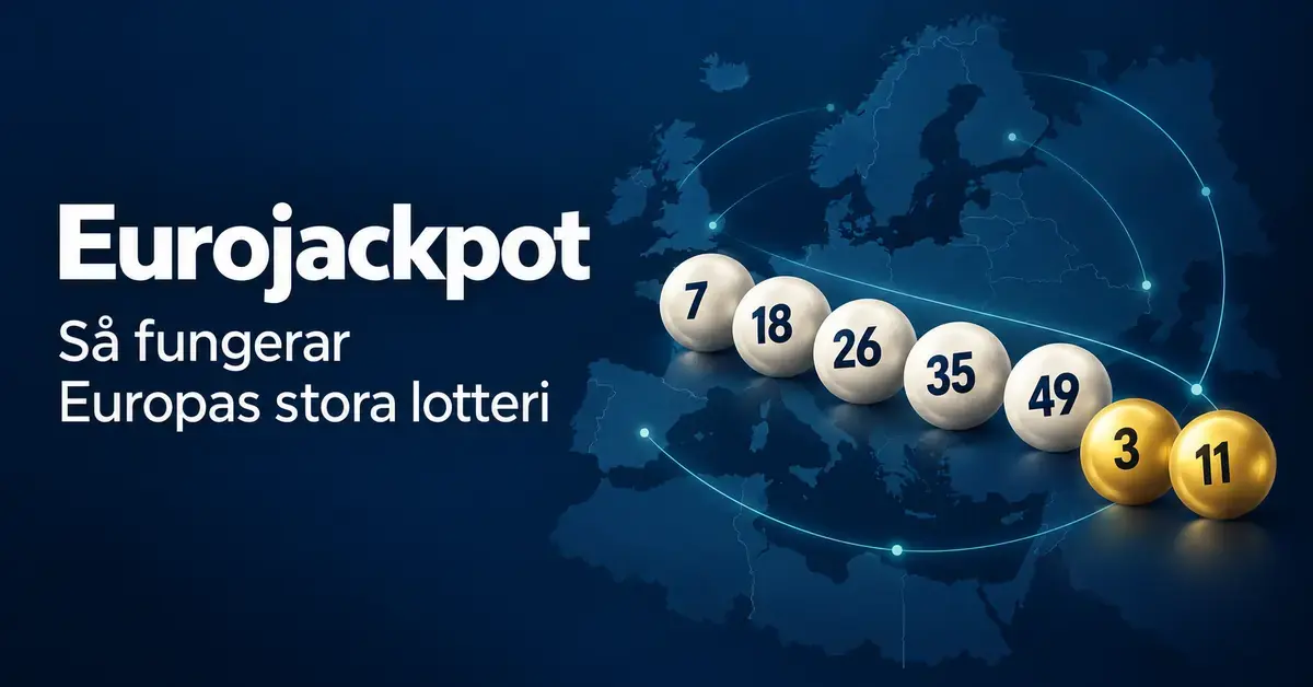 Fem vita och två gyllene lotteribollar framför en Europakarta med texten ”Eurojackpot – Så fungerar Europas stora lotteri”.