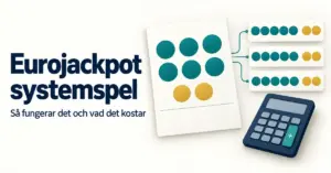 Illustration av systemspel på Eurojackpot med en kupong som förgrenas till flera spelrader och en miniräknare som symboliserar kostnaden.