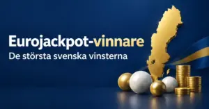 Guldfärgad Sverigekarta med lotteribollar och myntstaplar mot blå bakgrund och texten ”Eurojackpot-vinnare – De största svenska vinsterna”.