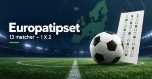 Grafik om Europatipset med en fotboll, en tipskupong med 1 X 2 och en Europakarta bakom texten ”Europatipset – 13 matcher”.