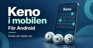 Illustration av en mobil med Keno-nummer och tre numrerade bollar intill texten ”Keno i mobilen”, ”För Android” och ”Gratis att ladda ner”.