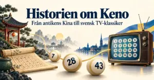 Illustration av Kenos historia med en kinesisk paviljong, numrerade spelkulor och en retro-TV som symboliserar spelets resa från Kina till svensk television.
