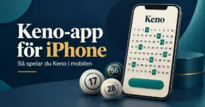 Illustration av en iPhone med en Keno-bricka på skärmen och numrerade bollar bredvid texten ”Keno-app för iPhone – Så spelar du Keno i mobilen”.