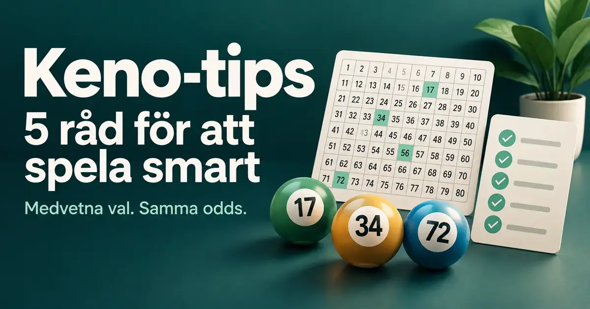 Kenobricka, tre numrerade bollar och en checklista med fem bockar intill rubriken ”Keno-tips – 5 råd för att spela smart” mot en mörkgrön bakgrund.