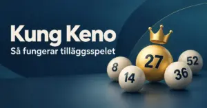 Numrerade Kenobollar och en guldfärgad boll med en krona ovanför, intill texten ”Kung Keno – Så fungerar tilläggsspelet”.