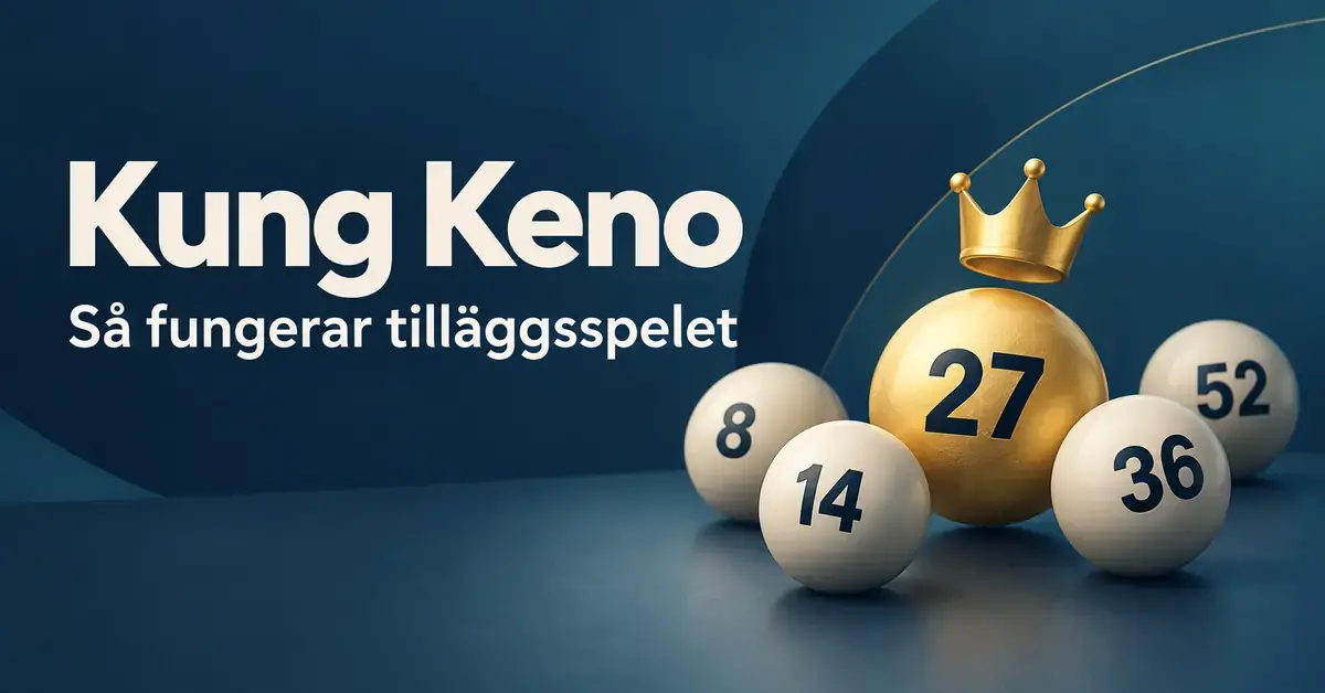 Numrerade Kenobollar och en guldfärgad boll med en krona ovanför, intill texten ”Kung Keno – Så fungerar tilläggsspelet”.
