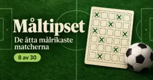 Illustration av Måltipset med en fotboll, åtta kryss i ett rutnät med trettio rutor och texten ”De åtta målrikaste matcherna”.