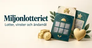 Illustration av skraplotter, guldmynt och ett hjärta intill texten ”Miljonlotteriet – Lotter, vinster och ändamål”.