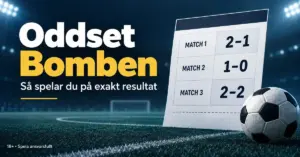 Illustration av Oddset Bomben med en fotboll och en kupong med tre exakta matchresultat på en upplyst fotbollsplan.