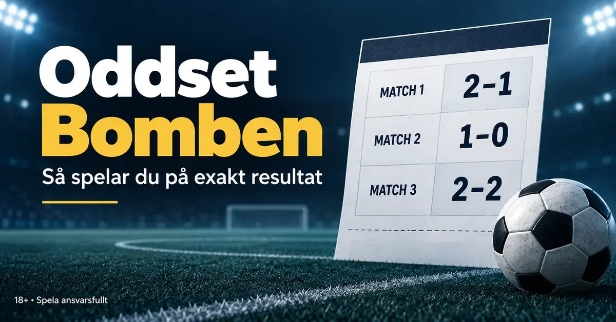 Illustration av Oddset Bomben med en fotboll och en kupong med tre exakta matchresultat på en upplyst fotbollsplan.