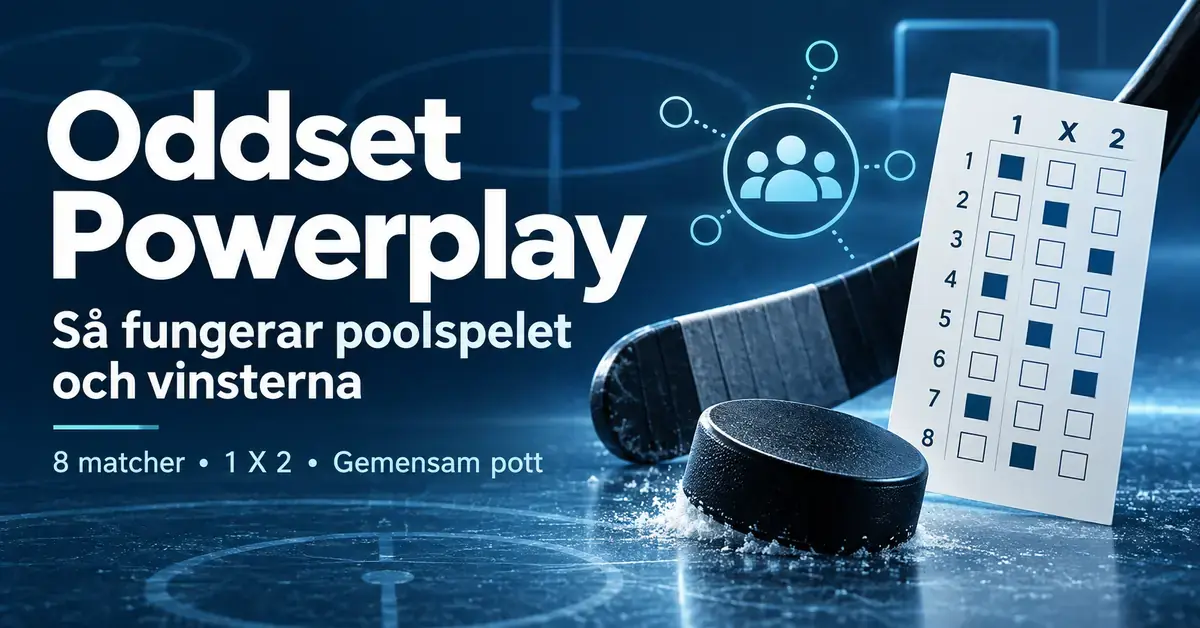 Illustration av Oddset Powerplay med hockeyklubba, puck och en kupong med åtta matcher och alternativen 1, X och 2 samt en symbol för gemensam vinstpott.