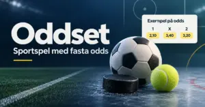 Illustration av Oddset med texten ”Sportspel med fasta odds”, en fotboll, en hockeypuck, en tennisboll och en ruta med exempel på odds för 1, X och 2.