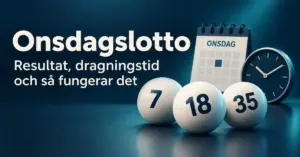 Illustration om onsdagslotto med numrerade lottobollar, en kalender märkt onsdag och en klocka samt text om resultat, dragningstid och hur spelet fungerar.