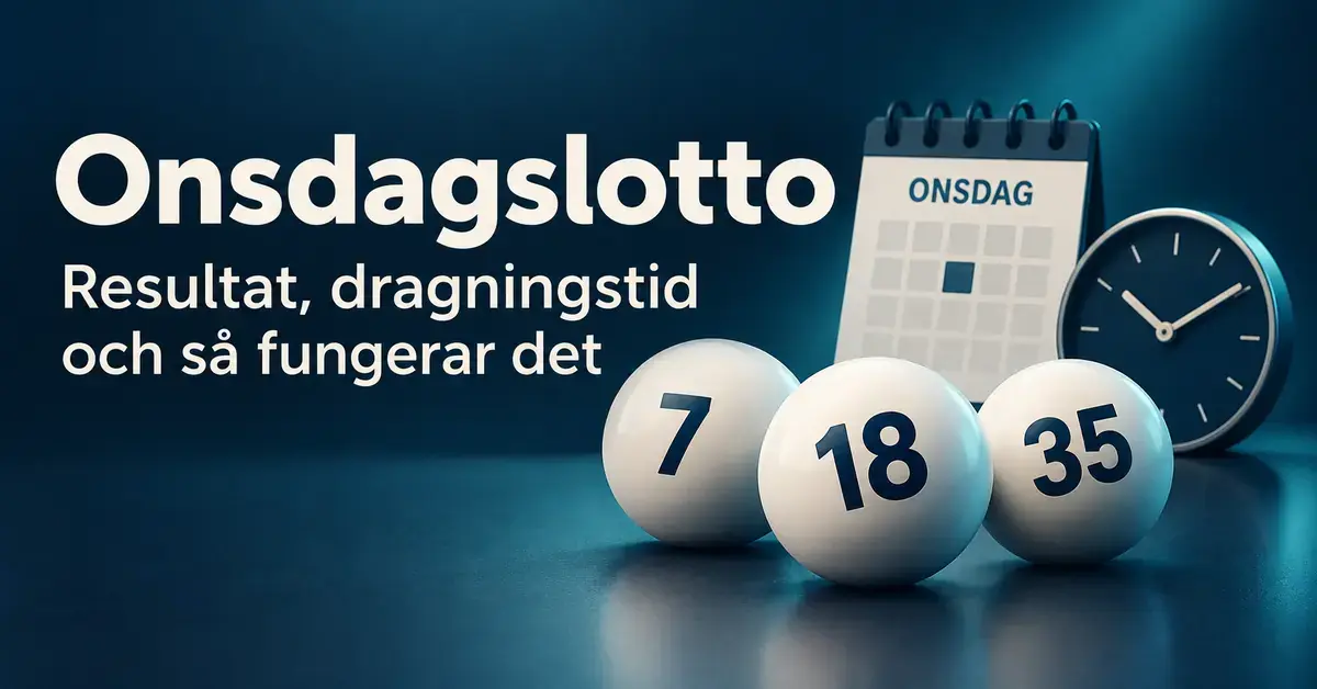 Illustration om onsdagslotto med numrerade lottobollar, en kalender märkt onsdag och en klocka samt text om resultat, dragningstid och hur spelet fungerar.