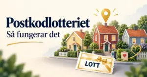 Illustration av svenska grannhus, en platsmarkör, en lott och hjärtan med texten ”Postkodlotteriet – Så fungerar det”.