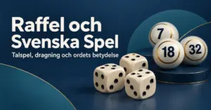 Tre tärningar och numrerade lotterikulor mot en mörkblå bakgrund med rubriken Raffel och Svenska Spel.