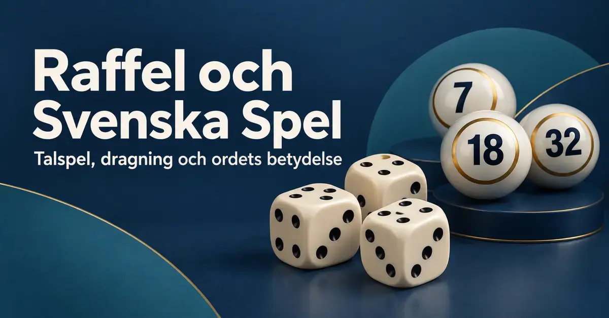 Tre tärningar och numrerade lotterikulor mot en mörkblå bakgrund med rubriken Raffel och Svenska Spel.