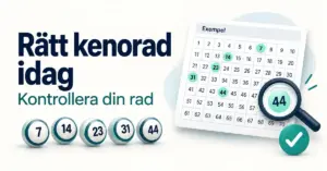 Illustration av en kenorad med markerade exempelnummer, numrerade bollar och ett förstoringsglas under rubriken ”Rätt kenorad idag – kontrollera din rad”.