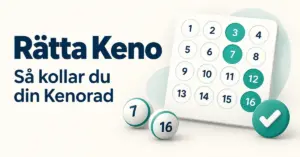 Illustration med texten ”Rätta Keno – Så kollar du din Kenorad”, en numrerad Kenobricka med turkosa markeringar och en bock som symboliserar rättning.