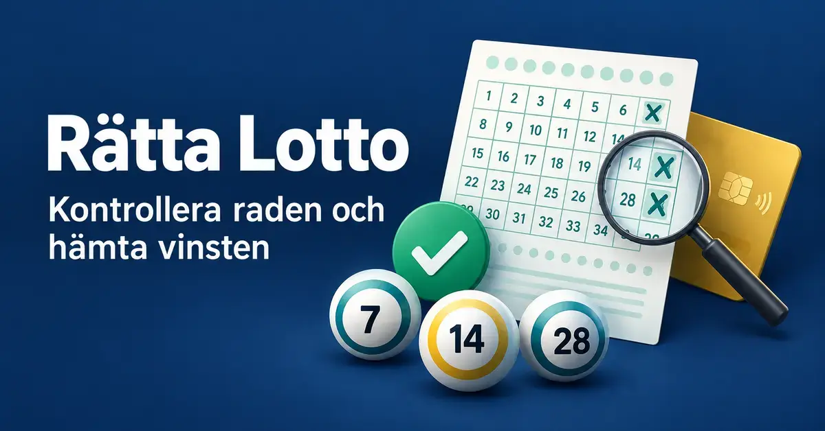 Illustration av en lottokupong med förstoringsglas, bockmarkering, lottobollar och betalkort intill texten ”Rätta Lotto – Kontrollera raden och hämta vinsten”.