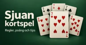 Spelkort med hjärter sju i centrum på grön bakgrund och texten ”Sjuan kortspel – Regler, poäng och tips”.