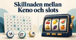 Illustration av en kenobricka med numrerade bollar bredvid en slotmaskin under rubriken ”Skillnaden mellan Keno och slots”.