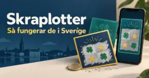Illustration av skraplotter med delvis framskrapade symboler, ett mynt och en digital skraplott i en mobiltelefon, med texten ”Skraplotter – Så fungerar de i Sverige”.