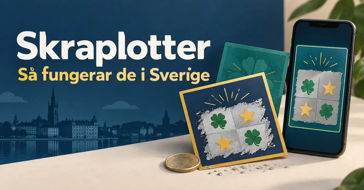 Illustration av skraplotter med delvis framskrapade symboler, ett mynt och en digital skraplott i en mobiltelefon, med texten ”Skraplotter – Så fungerar de i Sverige”.