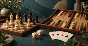 Schackpjäser, ett backgammonbräde, tärningar och spelkort på ett mörkgrönt bord med ett timglas i bakgrunden.
