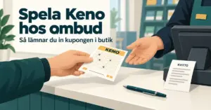 Illustration av en kund som lämnar en kenokupong över disk till ett spelombud, med spelterminal, kvitto och penna på disken.