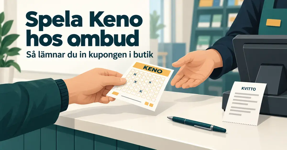 Illustration av en kund som lämnar en kenokupong över disk till ett spelombud, med spelterminal, kvitto och penna på disken.