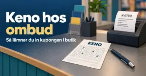 Illustration av en kenokupong och en penna på en butiksdisk bredvid en kvittoskrivare, med texten ”Keno hos ombud – Så lämnar du in kupongen i butik”.