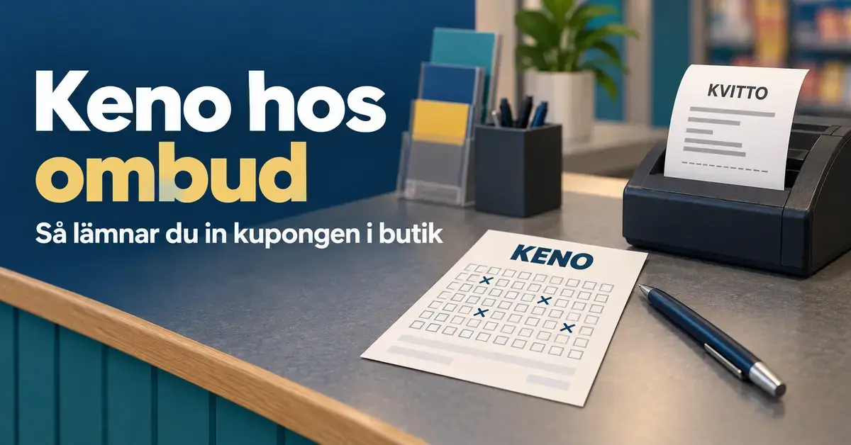 Illustration av en kenokupong och en penna på en butiksdisk bredvid en kvittoskrivare, med texten ”Keno hos ombud – Så lämnar du in kupongen i butik”.