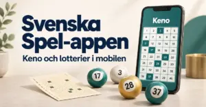 Illustration av en mobil med Kenonummer, numrerade lotteribollar och en spelkupong intill texten Svenska Spel-appen – Keno och lotterier i mobilen.