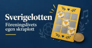 Illustration av en gul skraplott med hjärtsymboler och ett mynt, med texten ”Sverigelotten – Föreningslivets egen skraplott” mot blå bakgrund med en fotboll och musiknoter.