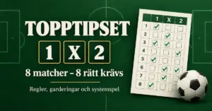 Illustration av Topptipset med tecknen 1, X och 2, en kupong med åtta matcher och en fotboll samt texten att åtta rätt krävs.