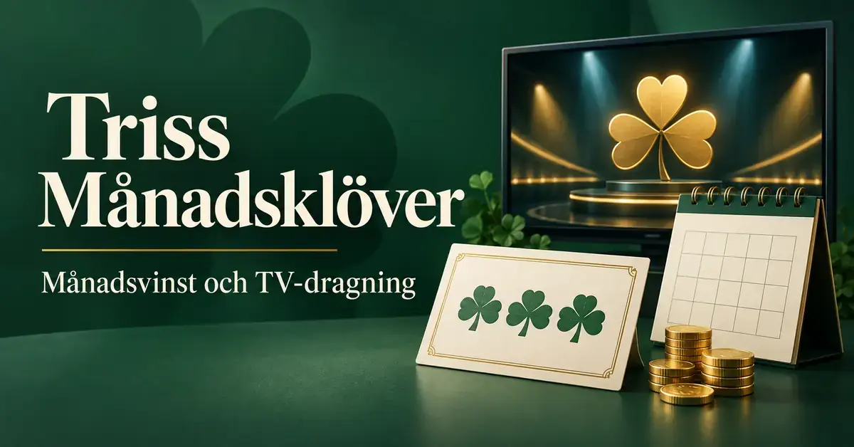 Illustration av Triss Månadsklöver med tre klöversymboler på en lott, en kalender, guldmynt och en TV-skärm som symboliserar månadsvinst och TV-dragning.