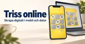 Illustration av digitala skraplotter på en mobil och en bärbar dator med texten ”Triss online – Skrapa digitalt i mobil och dator”.