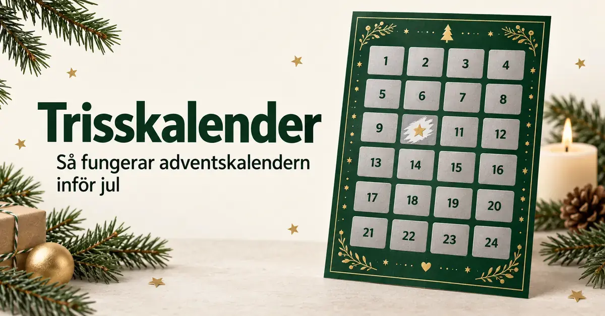 Illustration av en grön adventskalender med 24 skrapfält, omgiven av granris och juldekorationer, med texten ”Trisskalender – Så fungerar adventskalendern inför jul”.