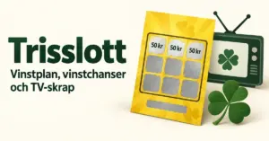 Illustration av en gul skraplott med tre lika belopp, en TV och en fyrklöver intill texten ”Trisslott – Vinstplan, vinstchanser och TV-skrap”.