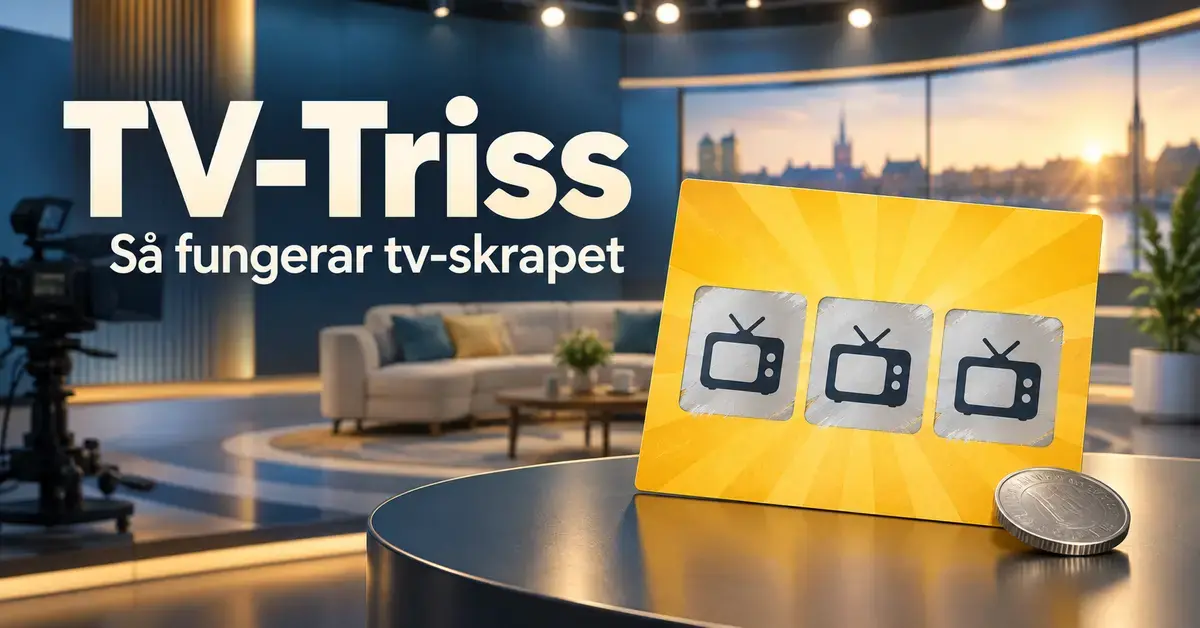 Illustration av en gul skraplott med tre tv-symboler och ett mynt i en tv-studio, med texten ”TV-Triss – Så fungerar tv-skrapet”.