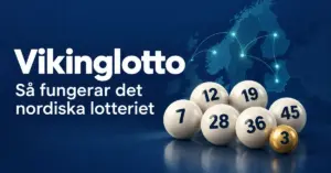 Illustration av sex vita lottobollar och en gyllene vikingnummerboll framför en karta över Norden och Baltikum med texten ”Vikinglotto – Så fungerar det nordiska lotteriet”.